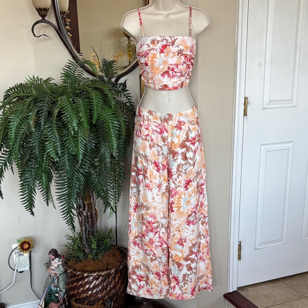 Abercrombie & Fitch Floral Linen-Blend 2-Piece Outfit Wide Leg Pants Crop Top